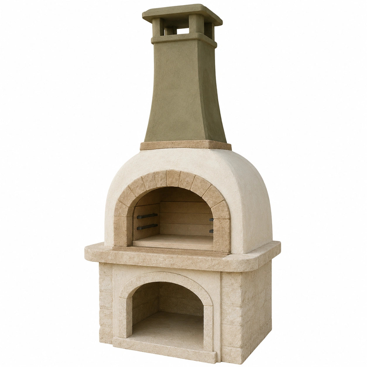 Horno de leña para exteriores de hormigón y piedra refractaria beige con chimenea