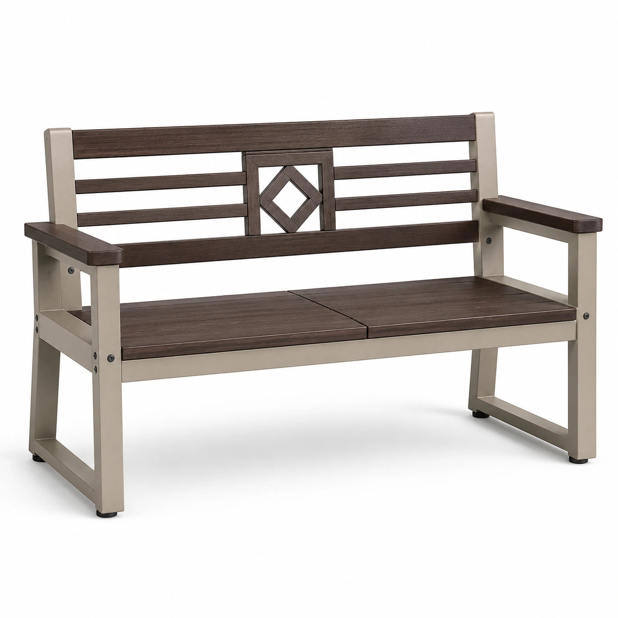 Banco de metal y madera plástica marrón para exterior 120cm