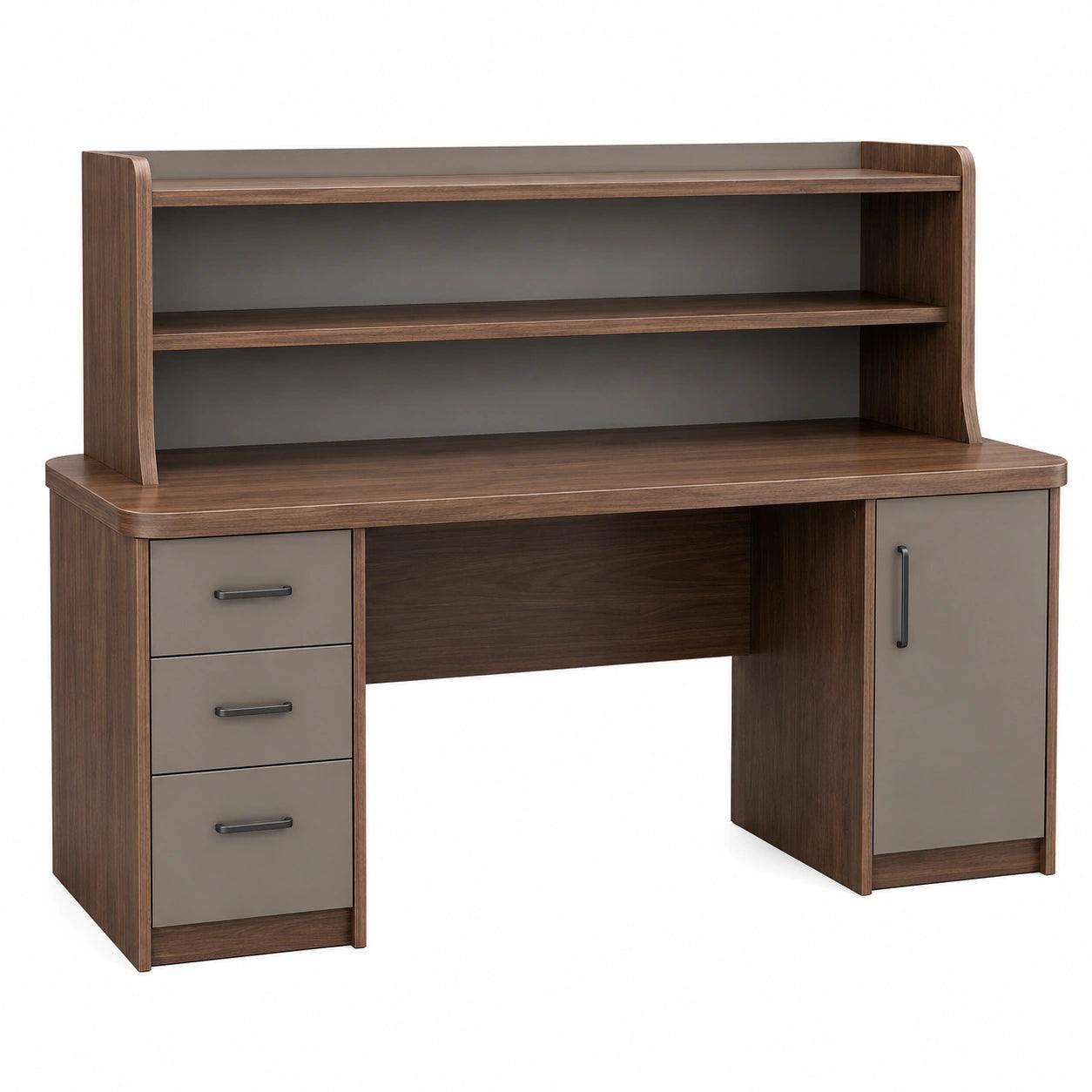 Escritorio de madera con estantería y almacenamiento marrón/gris