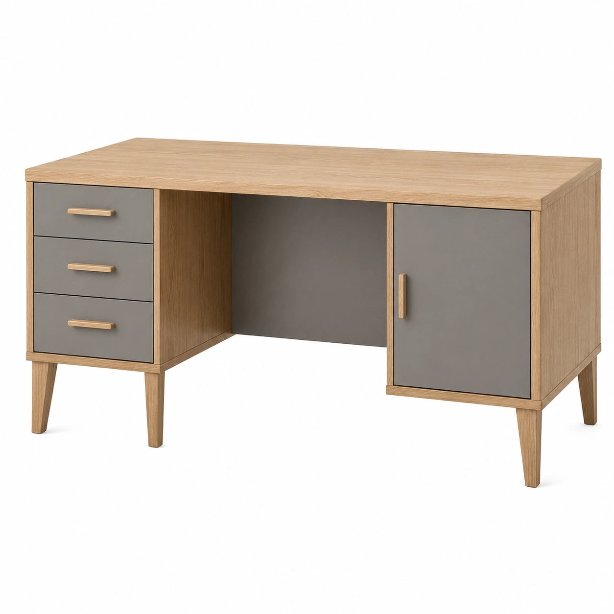 Escritorio de madera de roble con cajones y puerta gris