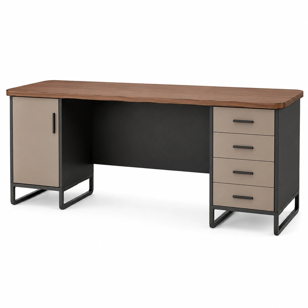 Escritorio de Madera Chapada y Acero con Cajones y Puerta