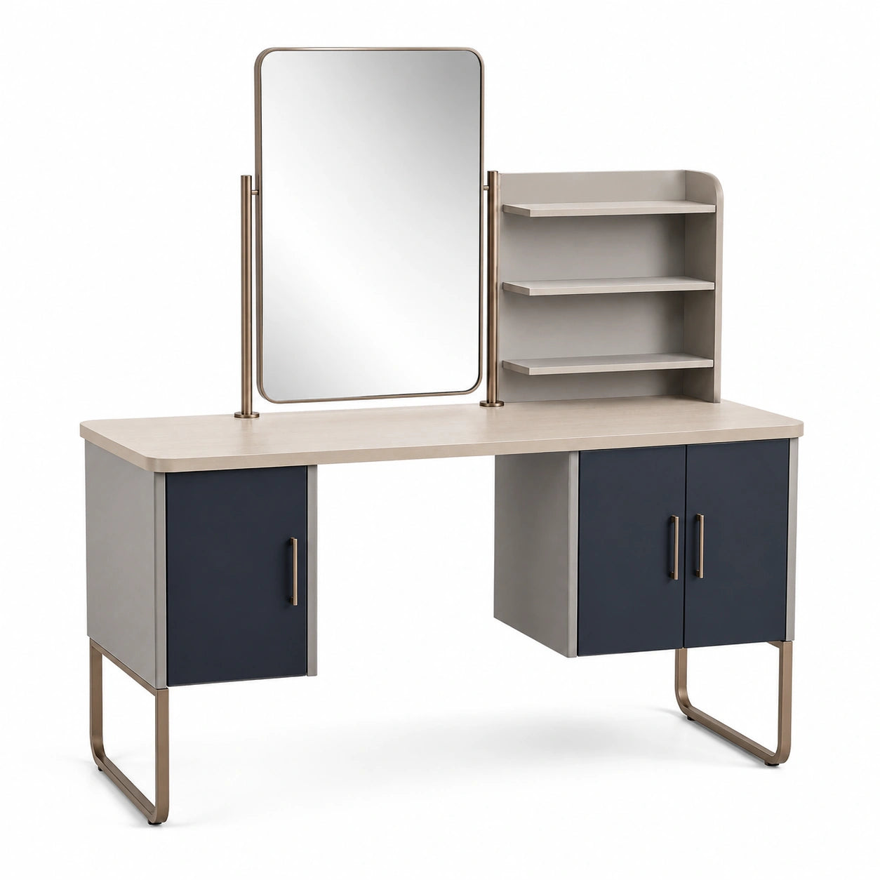 Tocador con Espejo Rectangular de Madera y Metal con Estantes Beige y Azul Oscuro