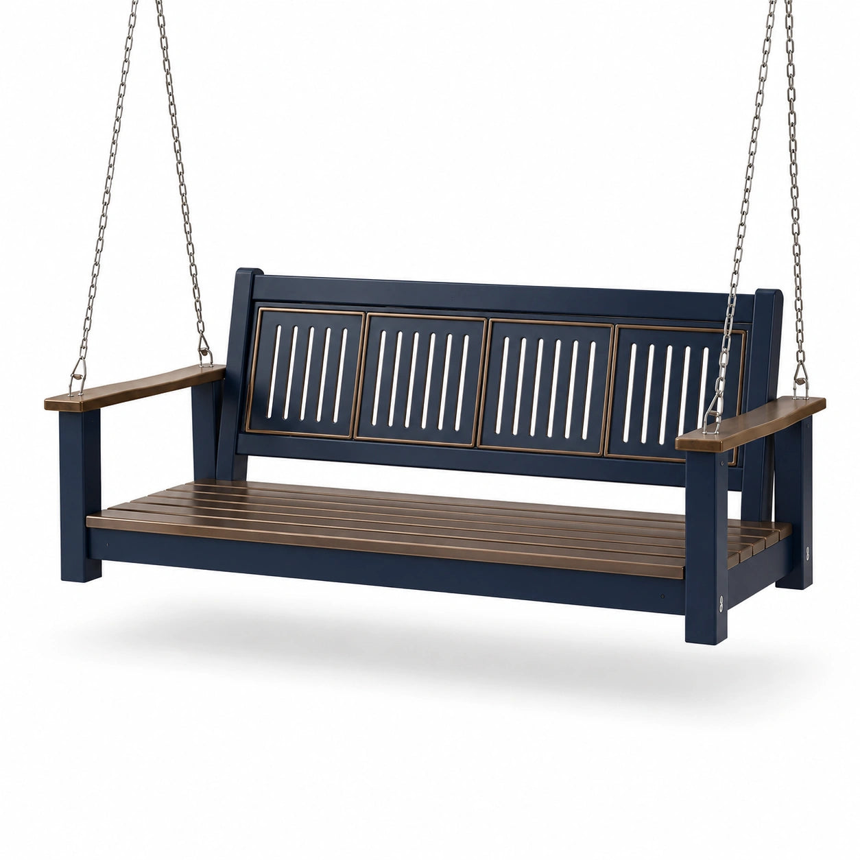 Columpio de Banco de Madera y Metal Azul Marrón con Cadenas 120cm
