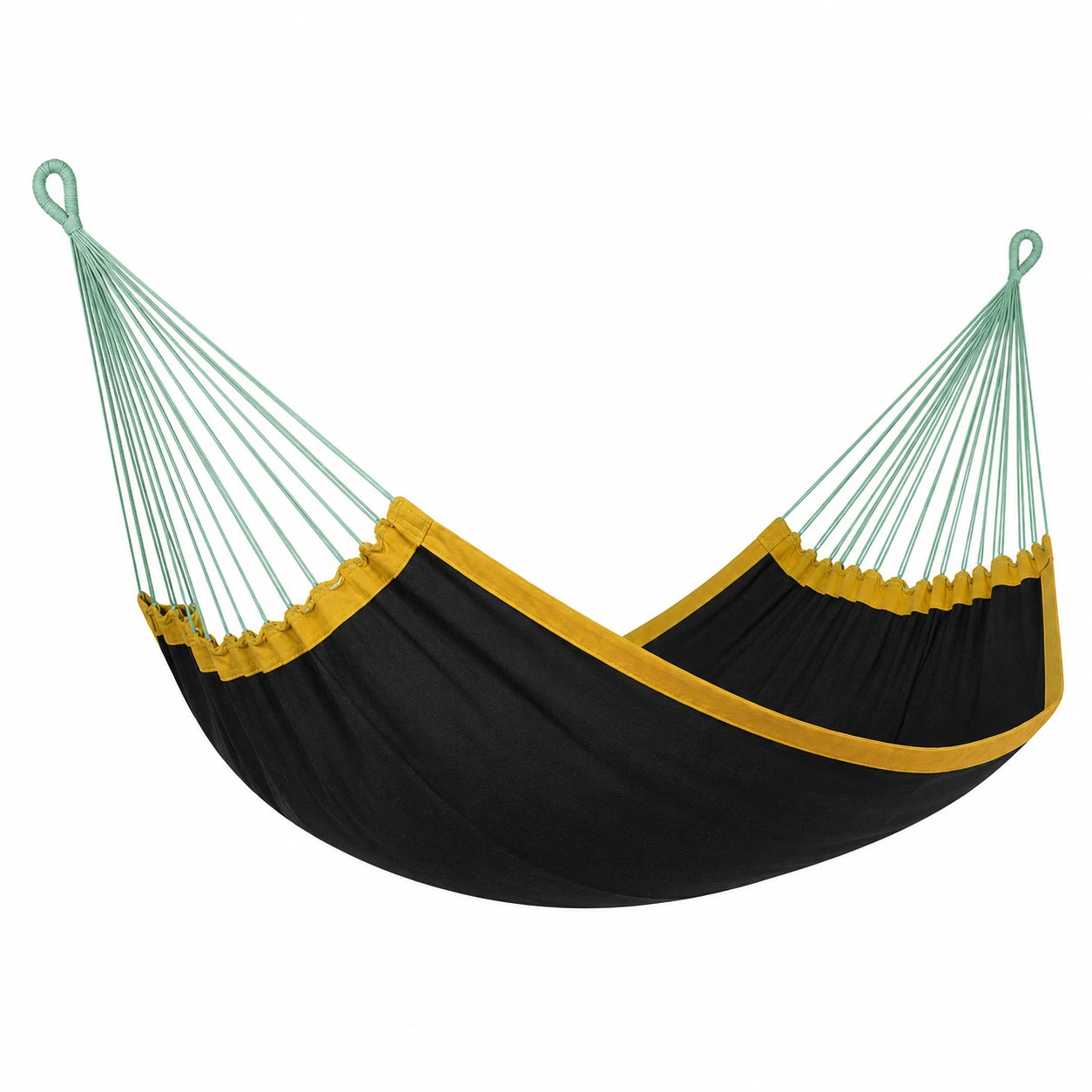 Hamaca de Algodón Negro y Amarillo con Cuerdas Verdes