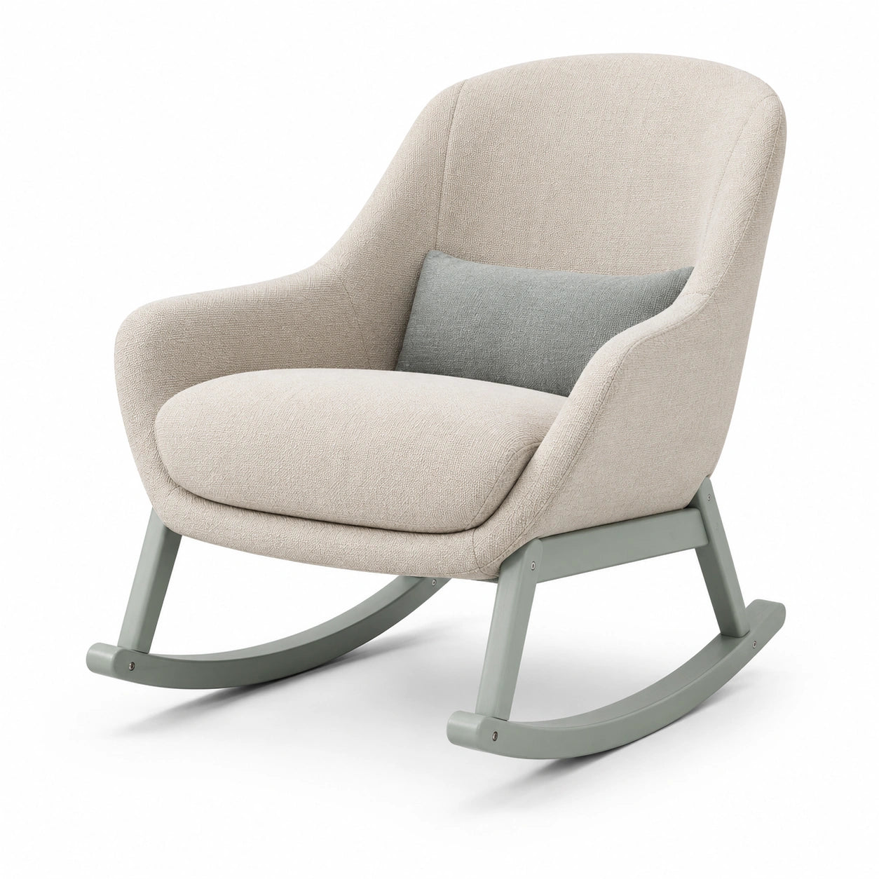 Silla mecedora de tela beige y gris con cojín