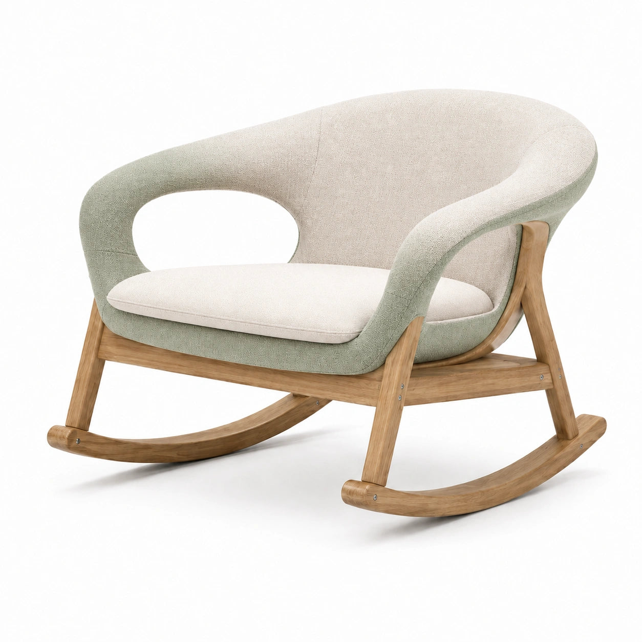 Sillón mecedora de madera de roble y poliéster beige y verde