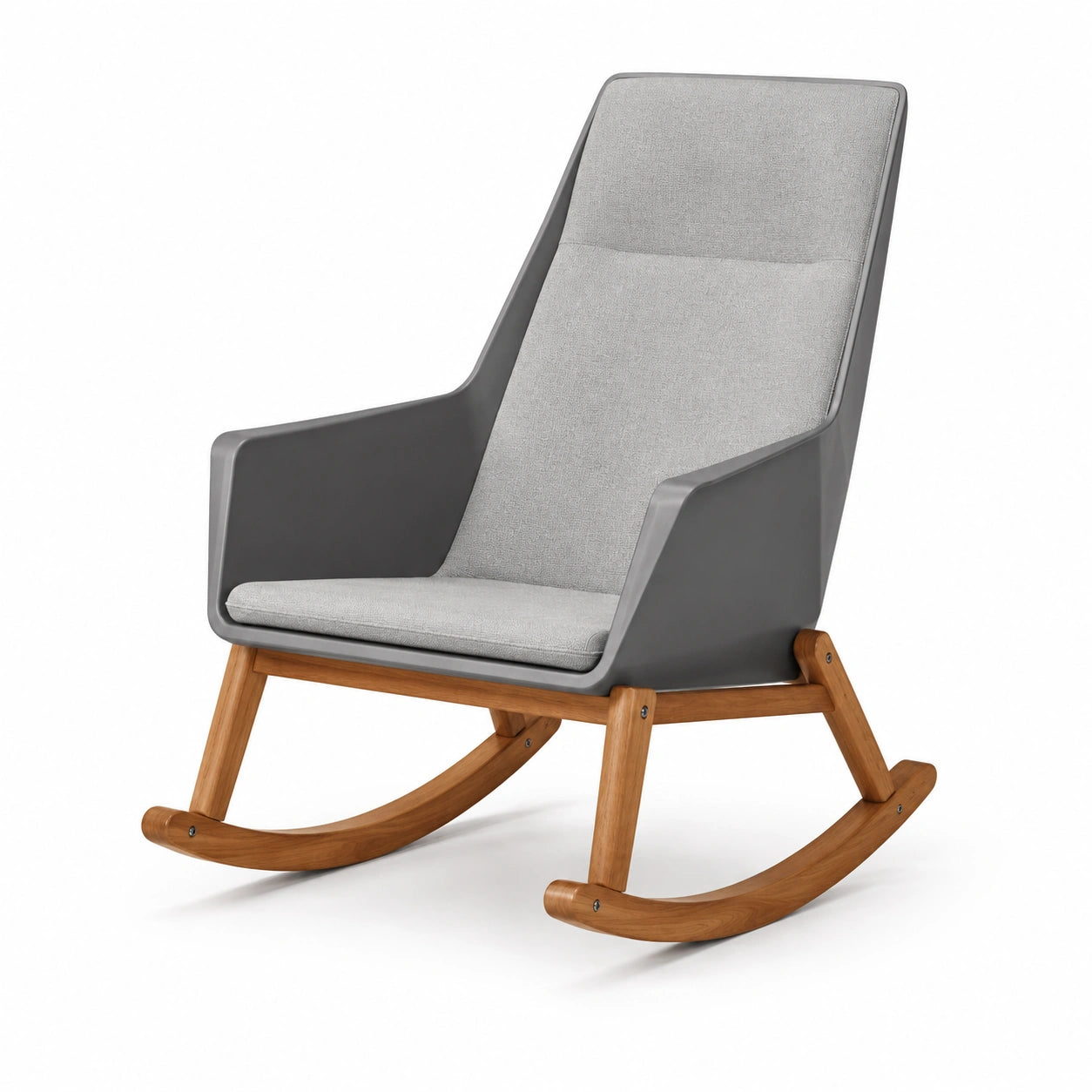 Silla mecedora de madera y resina con cojín gris claro