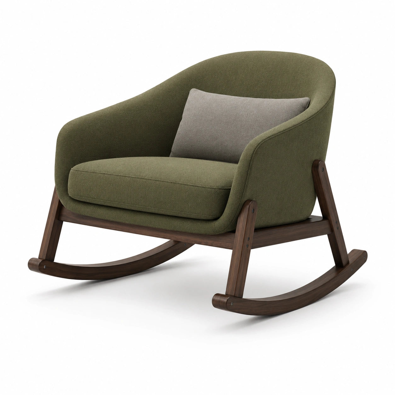 Silla mecedora de poliéster verde con estructura de madera de nogal