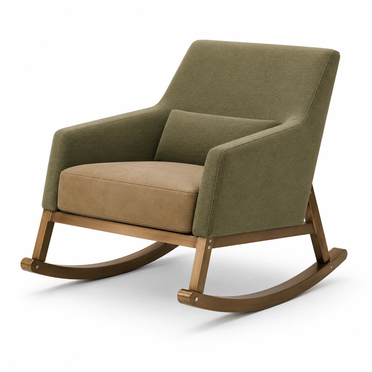Silla Mecedora de Madera con Tapicería de Poliéster Verde y Cuero Sintético Marrón