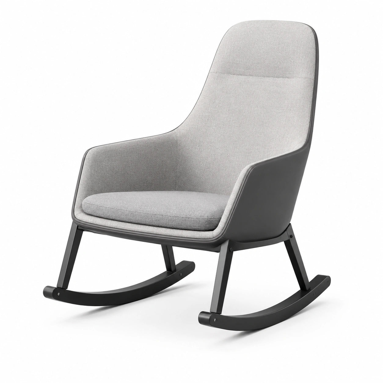 Silla mecedora de poliéster gris con estructura de plástico y base de madera