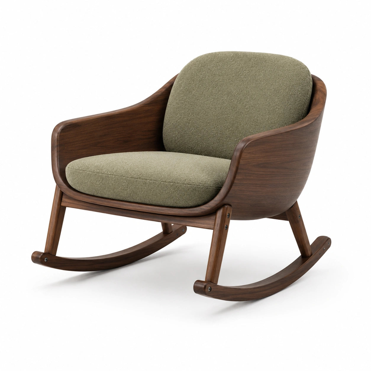 Silla mecedora de madera de nogal con cojín de poliéster verde