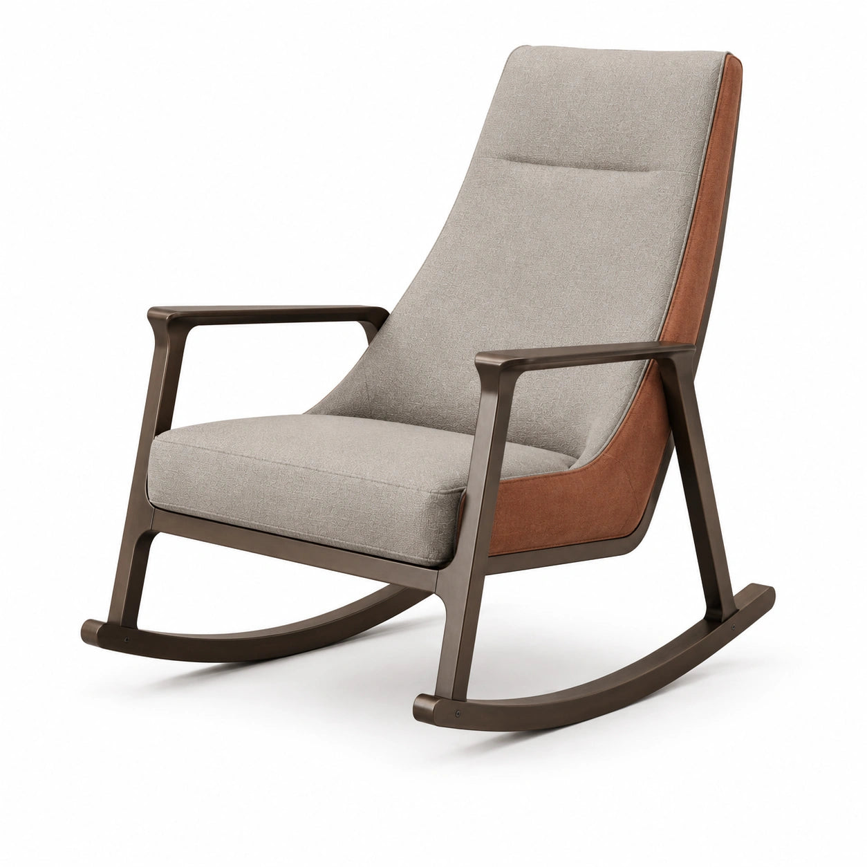 Silla mecedora de tela gris con estructura de madera