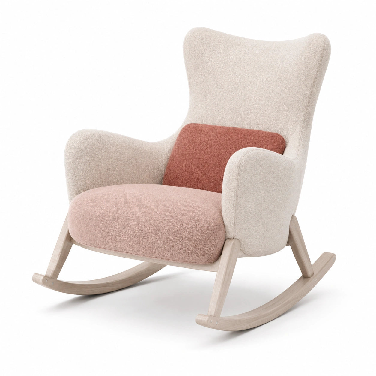 Silla mecedora de madera y poliéster beige y rosa