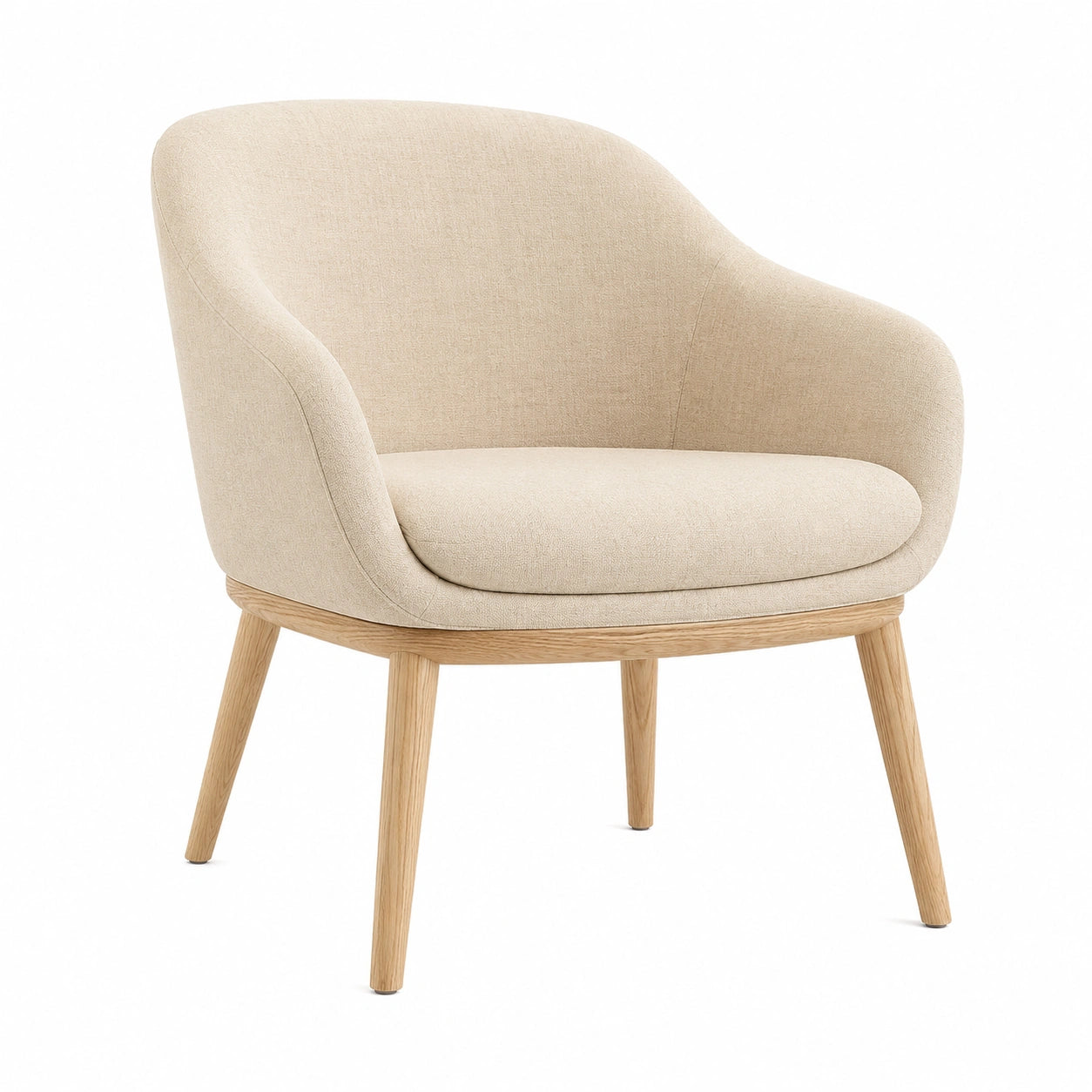 Sillón de tela beige con patas de madera de roble