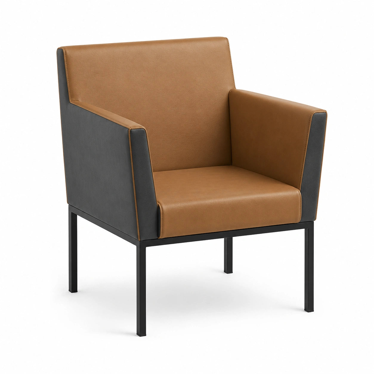 Sillón de poliuretano marrón y negro con estructura metálica