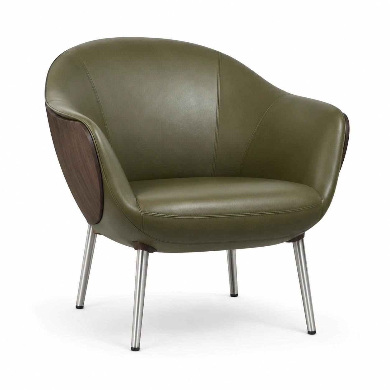 Sillón de piel sintética verde con patas de metal y detalles de madera