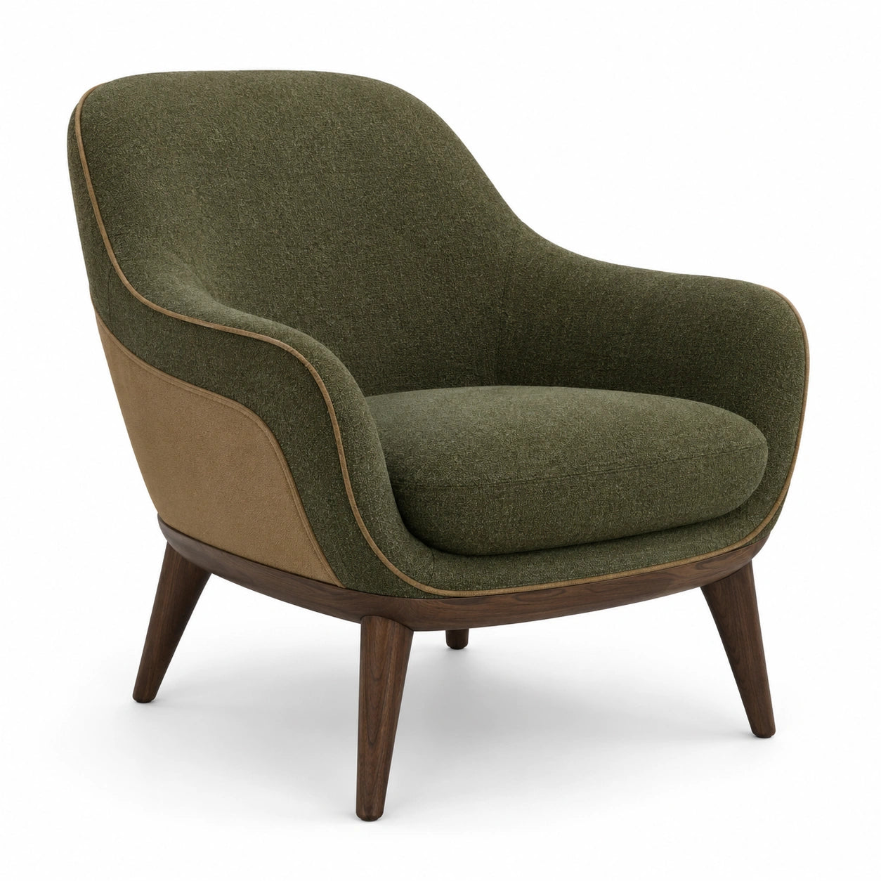 Sillón de Tela Verde y Ocre con Patas de Madera
