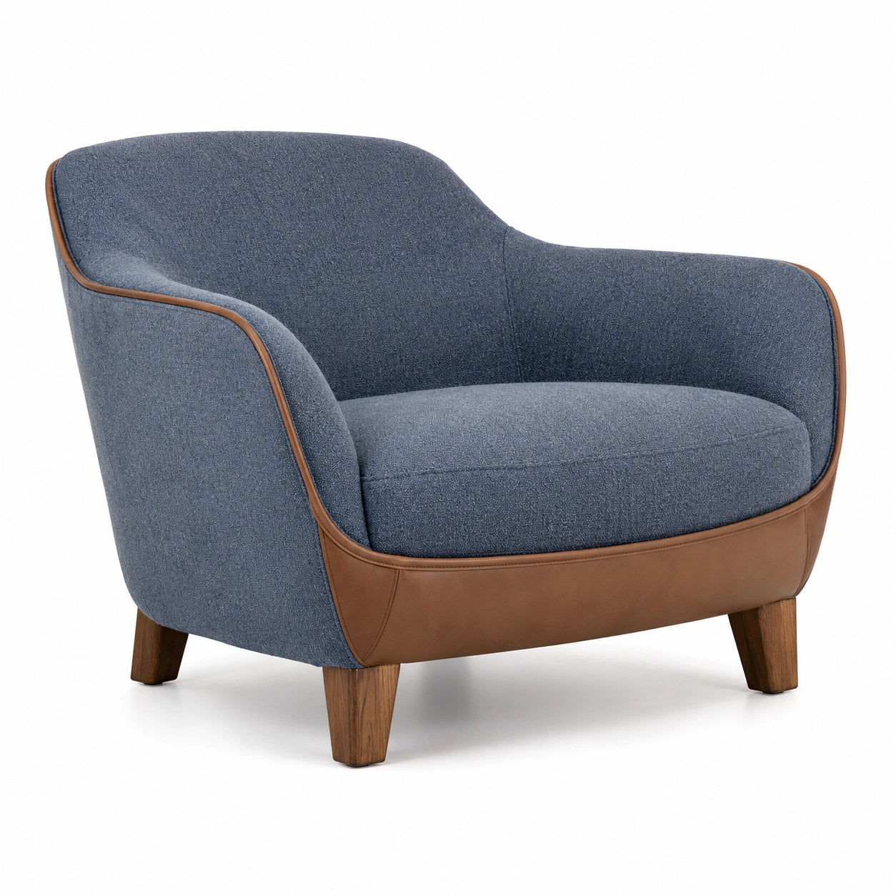 Sillón de tela azul con base de cuero sintético y patas de madera