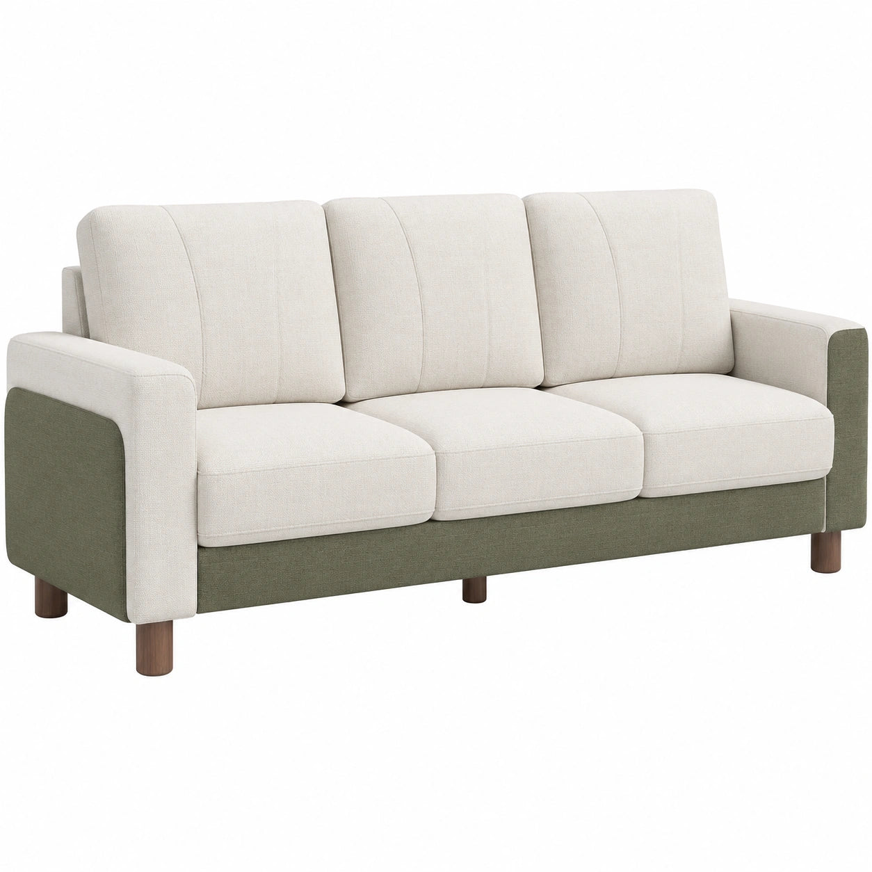 Sofá de tres plazas de tela poliéster beige y verde con patas de madera