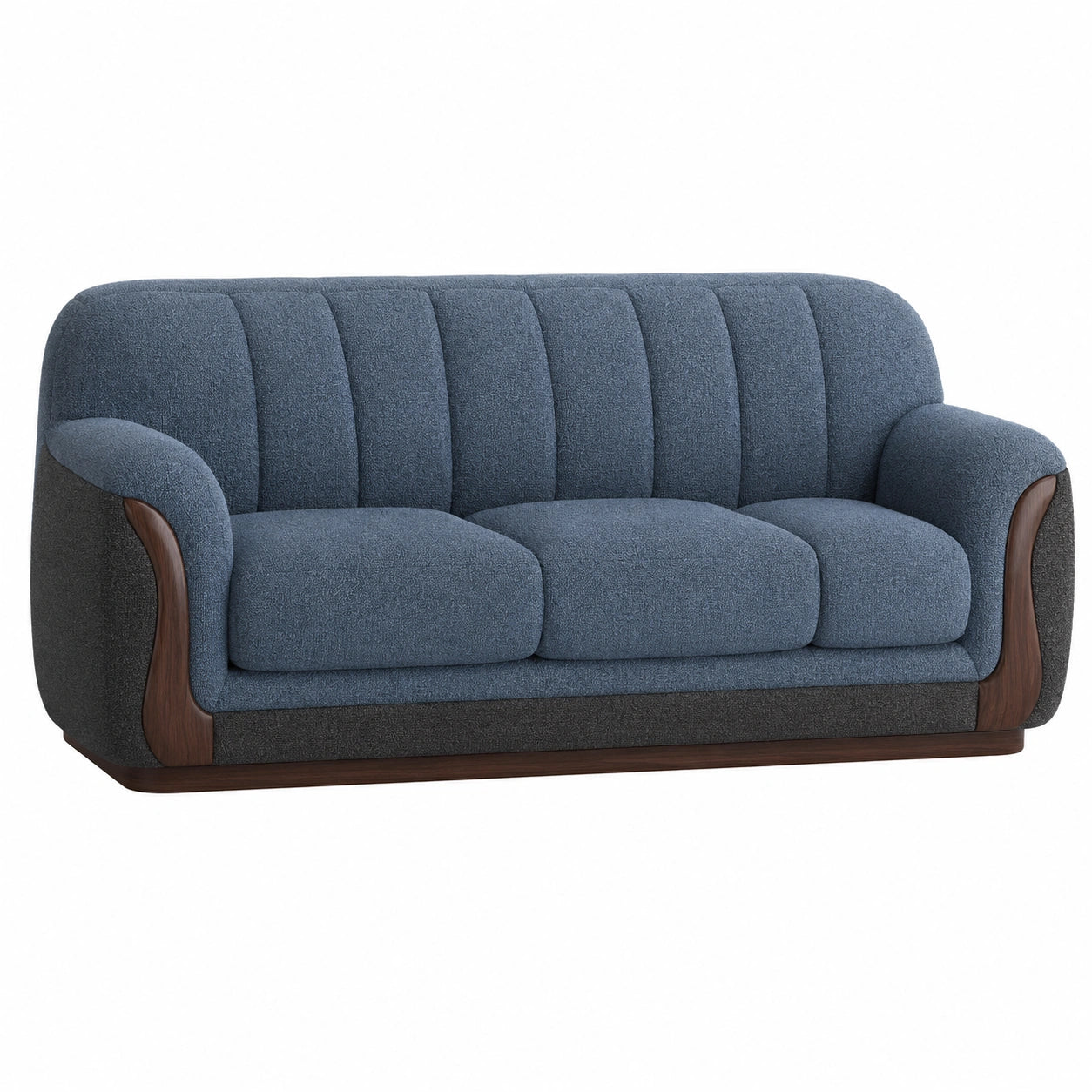 Sofá de Tela Azul y Gris de 3 Plazas con Estructura de Madera